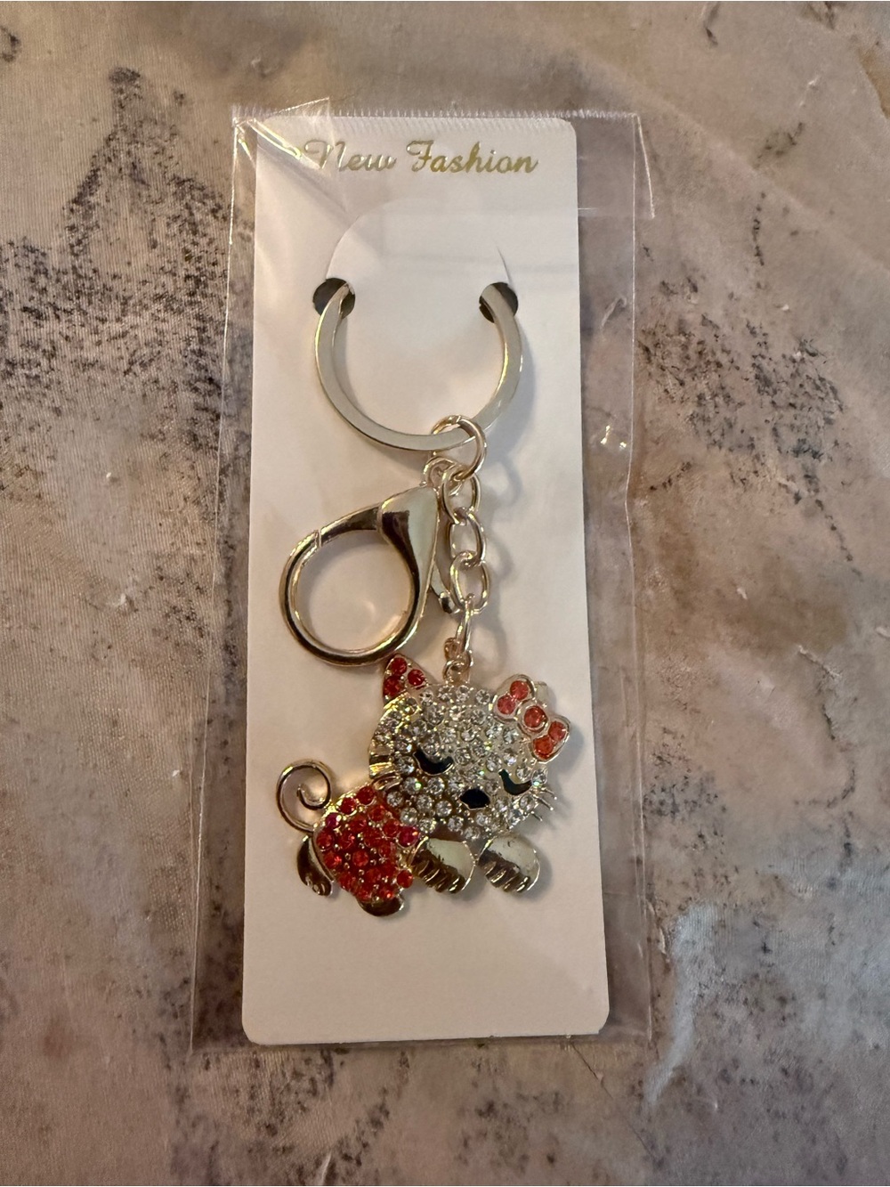 Crystal Cat Keychain Charm - Gold Tone with Red Accents